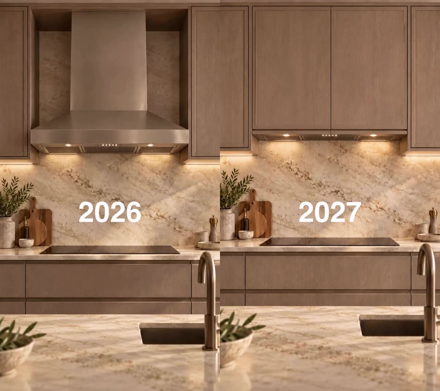 Exposed stainless range hood compared with a hood integrated into wood-toned kitchen cabinets