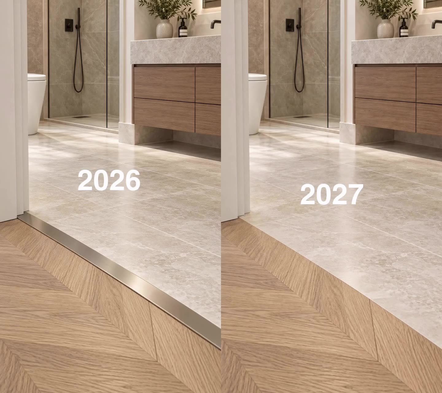 Raised transition between wood and bathroom tile compared with a flush floor junction
