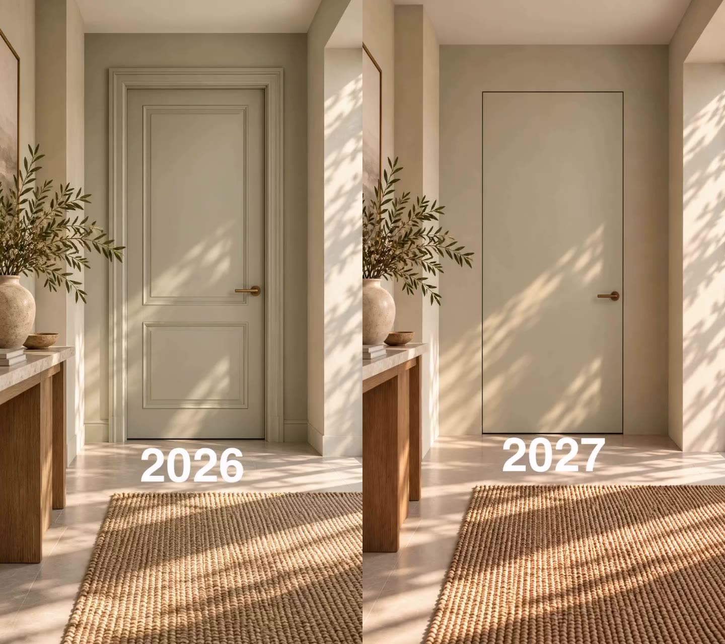 Paneled interior door and trim compared with a flush door in the same wall